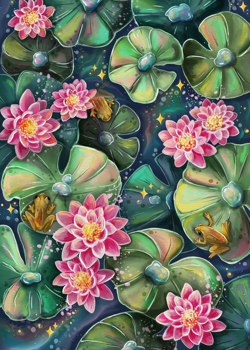 Dreamy Water Garden an illustration of a pond, with water lilies and frogs