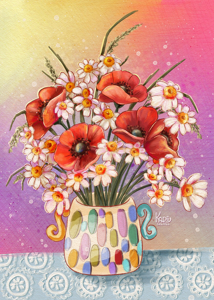 Summer Days an illustration of a vase filled with daisies and poppies standing on a table with blue table cloth