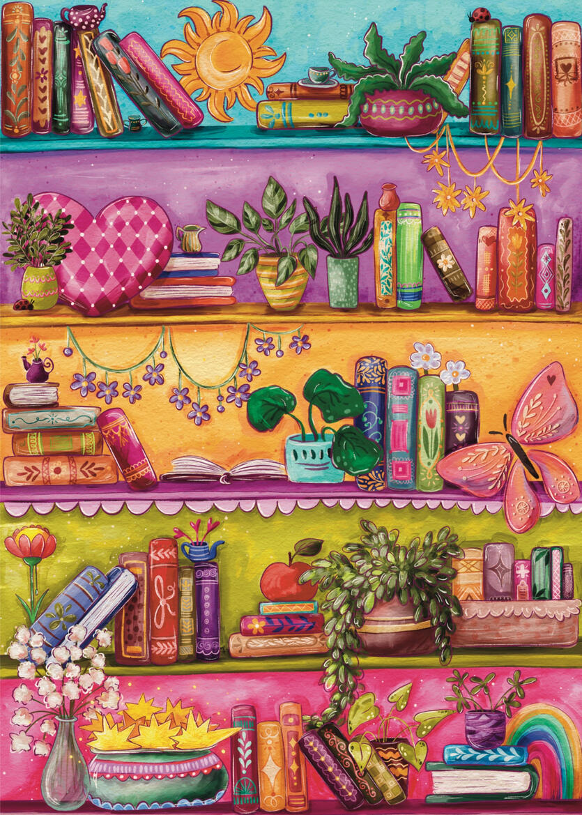 Book Lover's Treasures A colourful illustration of bookshelves full of books and indoor plants