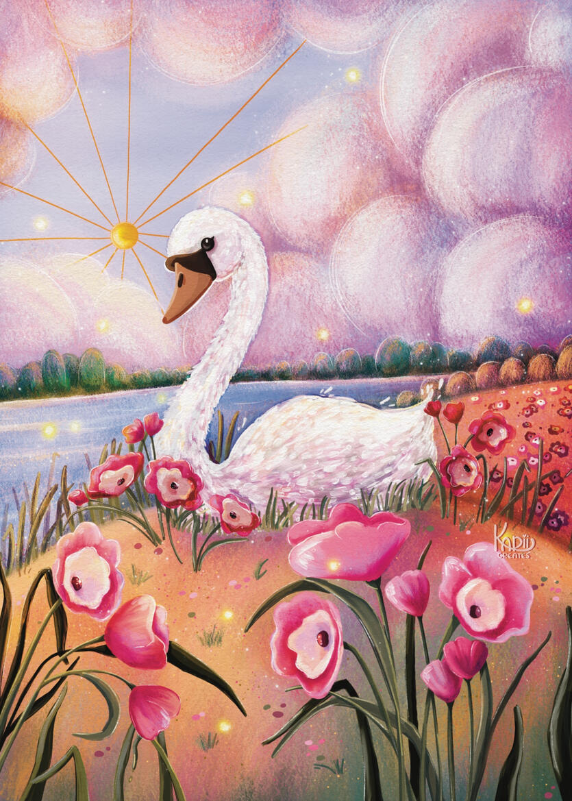 Among The Petals a colourful illustration of a swan in a floral meadow with pink flowers, behind the swan there are large fluffy clouds and a sparkling lake